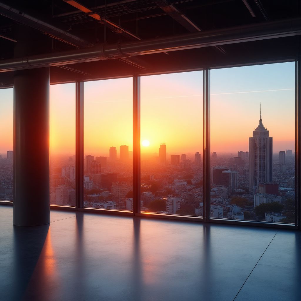 Vista de la oficina con la ciudad de fondo