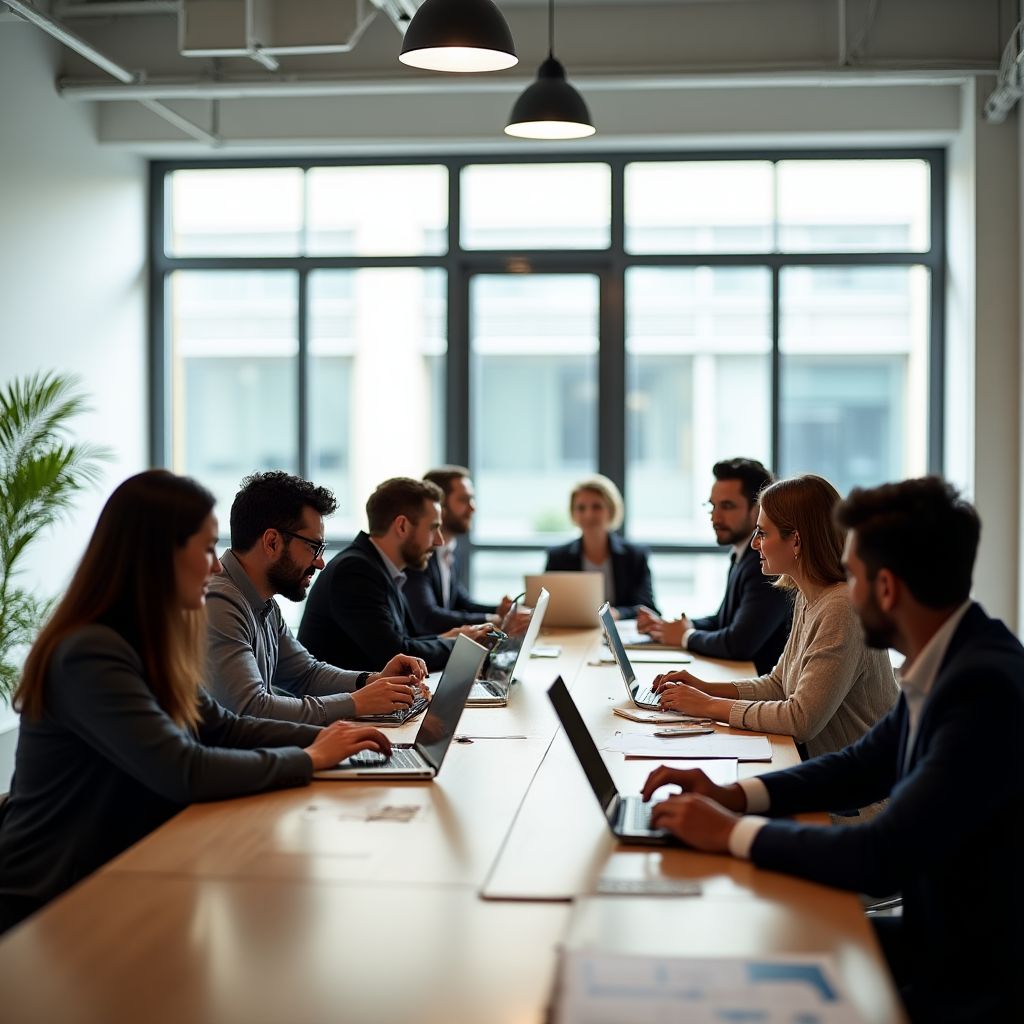 Oficina moderna de FinanTech AR con un equipo colaborando